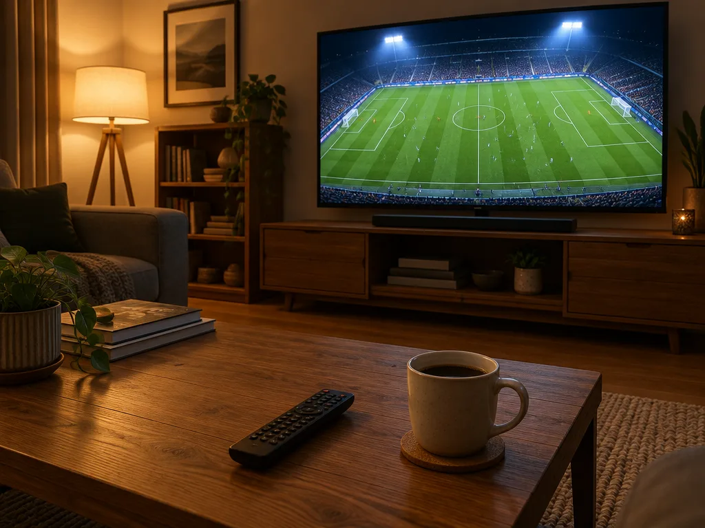 Tv i ett vardagsrum som visar en fotbollsmatch i flodljus