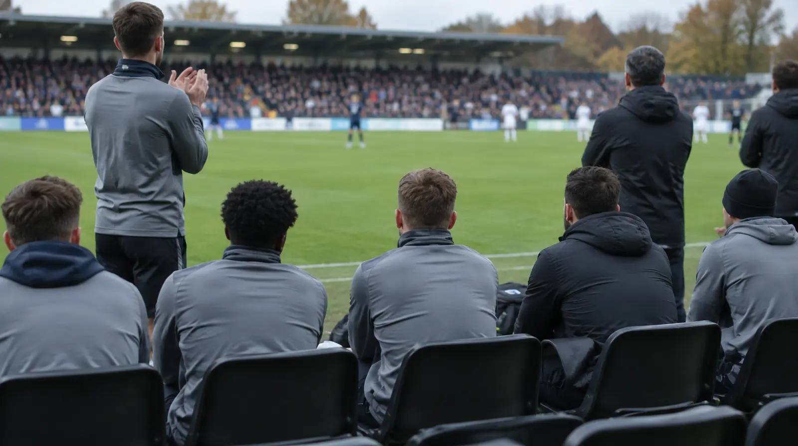 Avbytare och stab på bänken följer matchen i höstligt dagsljus