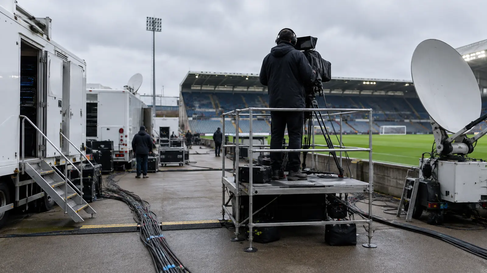 Tv-sändningsbilar och kablar utanför en fotbollsarena en molnig lördagseftermiddag